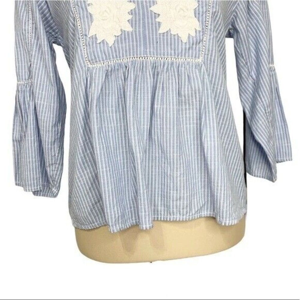 H&M Logg Women’s Top Blouse Size 2 Blue V Neck Bell Sleeves - Picture 7 of 14